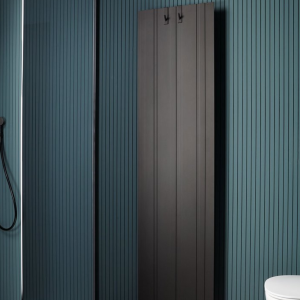 Termoarredo Bitlight di Antonio Lupi in alluminio riciclato, con finitura opaca, in un bagno elegante con vasca da bagno nera